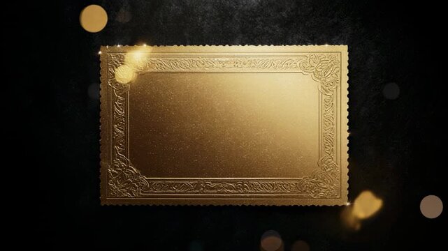 Golden ornate frames with sparkling particles during a subtle zoom out on a dark background
