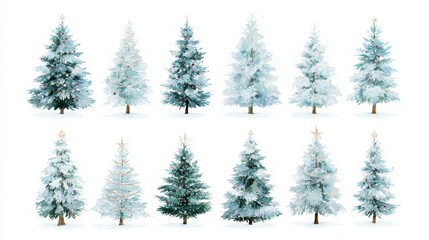 Fototapeta premium Soft blue watercolor evergreen trees in a simple two row arrangement, winter woodland, cool seasonal decor, festive holiday design, Christmas greeting.
