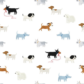 Cute Dog Seamless Pattern with Different Puppies in Pastel Naive Style