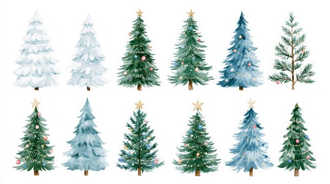 Decorative watercolor group of evergreen Christmas trees in pale green and gray tones, winter nature, holiday decor, festive stationery, Christmas greeting.