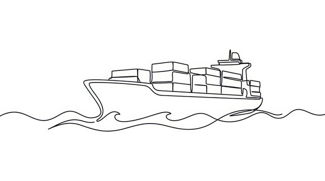 Continuous line art illustration of a container ship navigating through waves on the ocean with freighter