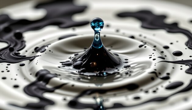 The image captures a close up of a droplet of liquid suspended in mid air just above the surface of a dark, glossy liquid