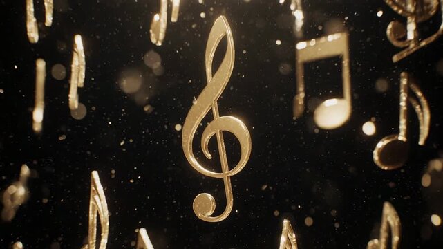 Golden treble clefs and musical notes float gracefully in dark ambient light with sparkling bokeh effects