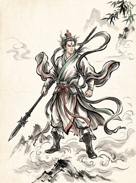 Erlang Shen Three Eyed Warrior Deity with Spear and Flowing Robes in Minimalist Traditional Chinese Xieyi Ink Wash Illustration