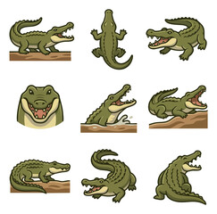 Fototapeta premium Set of green alligator illustrations in various poses and activities