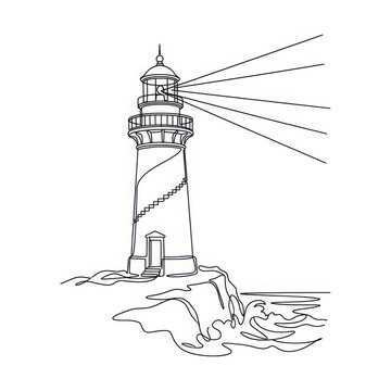 Black and white line art vector illustration of a coastal lighthouse with lighthouse navigation maritime