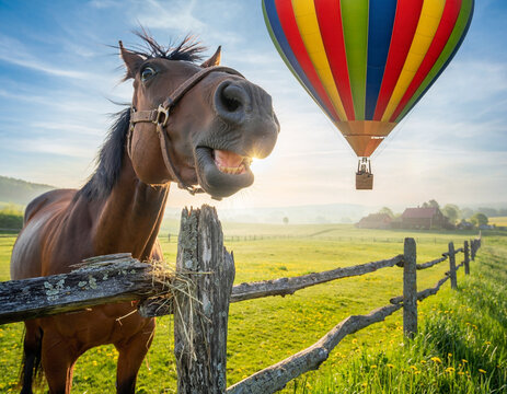 A domestic horse pulls its head back with wide eyes as a colorful hot air balloon floats low over the pasture.