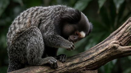 Naklejka premium Goeldis marmoset monkey sits on tree branch in dark rainforest. Small primate eats food with paws, looks down. Callimico goeldii in its natural habitat.