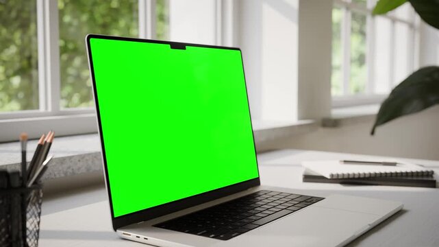 Laptop with Green Screen Mockup on Desk in Minimalistic Bright Office Interior - Perspective View