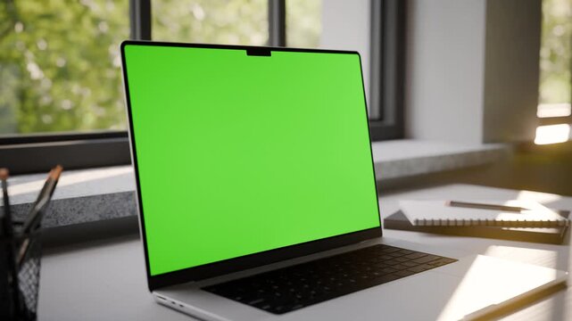 Laptop Frameless with Green Screen on Office Desk in Minimalistic Sunny Interior - Static Perspective View Looped Video