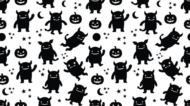 Seamless black and white pattern with cute little monsters and pumpkins halloween background monster pattern jack o lantern funny monsters cartoon characters kids pattern