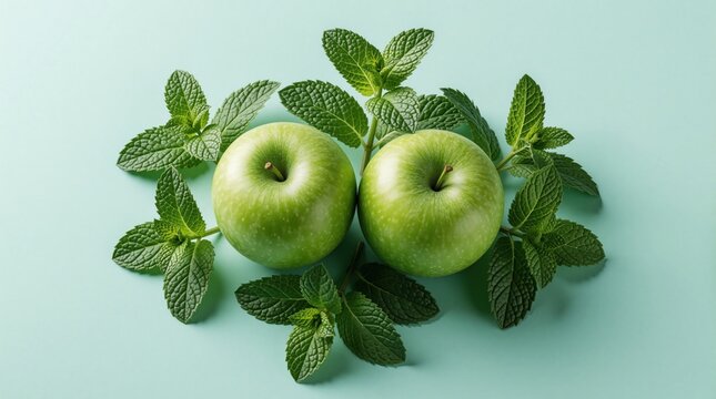 Two fresh green apples with mint leaves on light pastel background. Organic fruit, herbs arranged for healthy eating concept. Minimalist food composition with juicy granny smith apples, aromatic mint