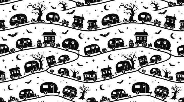 Seamless black and white Halloween pattern with camping trailers and bats background camper van spooky landscape travel road repeating illustration