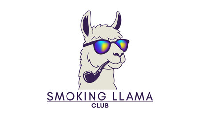 Naklejka premium Vector logotype. Simple graphic portrait of smoking llama with smoking pipe and brightly colored sunglasses. Isolated background. Club. Corporate style. Logo or emblem