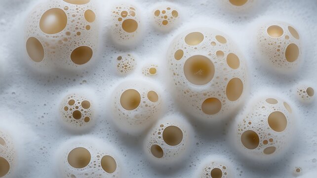 Macro view of white foam bubbles with dark liquid underneath creating a textured pattern