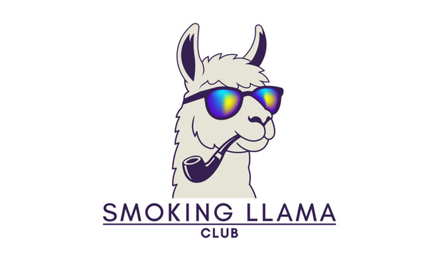 Vector logotype. Simple graphic portrait of smoking llama with smoking pipe and brightly colored sunglasses. Isolated background. Club. Corporate style. Logo or emblem