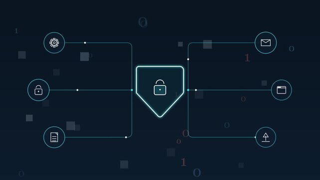 Digital Security Interface with Shield Lock Icon and Data Network Connections, Cyber Protection HUD Animation Loop