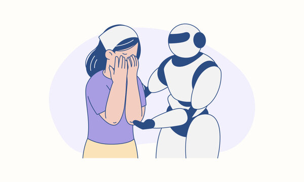 Empathetic Robot Comforting Sad Woman Human Connection Illustration
