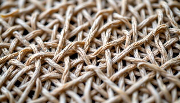 The image depicts a close up view of a woven surface made from numerous intertwined natural fibers, creating an intricate pattern of loops and tangles