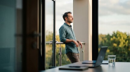 Naklejka premium Thoughtful Professional Man Taking Relaxing Break on Modern Balcony