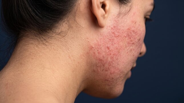 Close-up portrait of a person's face showing a severe acne breakout and redness on the cheek and jawline, illustrating skin condition.