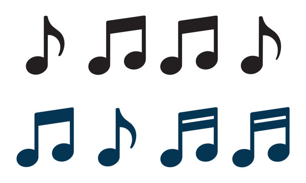 Set of musical note symbols featuring single and double quavers in flat black and dark blue styles for audio notation graphics.