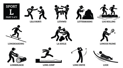 Fototapeta premium Stick figure vector illustration showcasing various sports activities starting with the letter L in black silhouettes