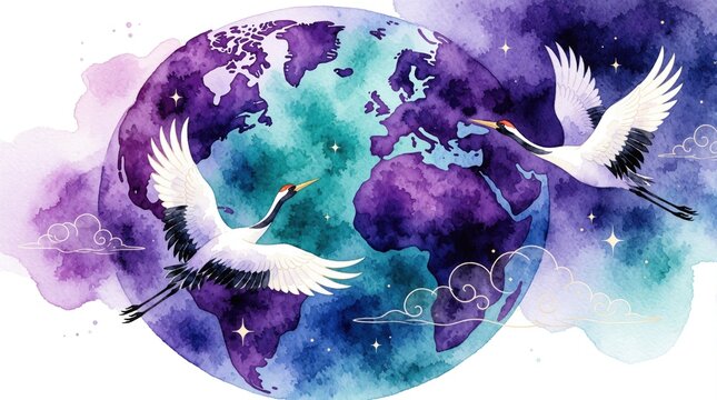 Watercolor globe painted with vibrant purple and teal hues. Two white cranes fly across its surface in wispy clouds and starry accents, symbolizing global peace and travel.
