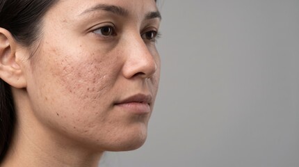Fototapeta premium A close-up portrait showcases a woman's facial skin texture, highlighting acne scars and imperfections.