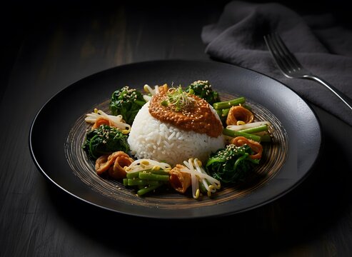Fine dining reinterpretation of Indonesian nasi pecel elegantly plated on a matte black stoneware plate