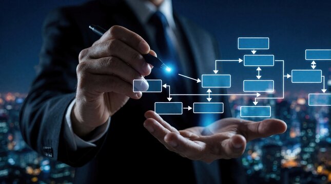 Man plans business workflow chart on city background. Professional uses digital interface for process management and strategy planning. Automation system design.