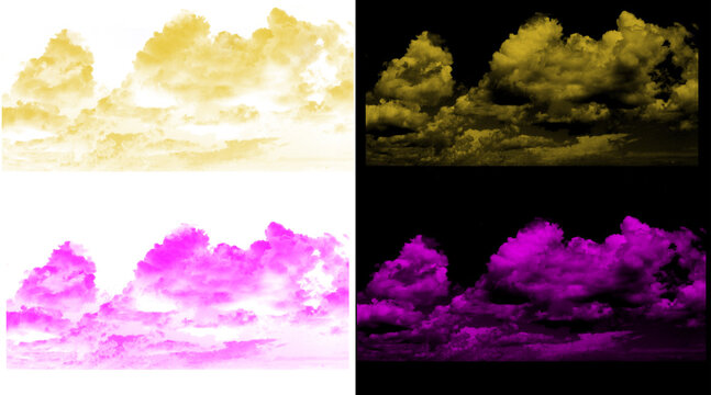 Vibrant colorful clouds set, stylized purple and gold cloud formations, artistic sky textures for graphic design and digital art