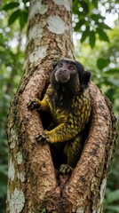 Fototapeta premium Small monkey peeks from hollow tree trunk. This young primate with black and yellow fur looks out from its natural habitat in rich green forest. Cute animal portrait.