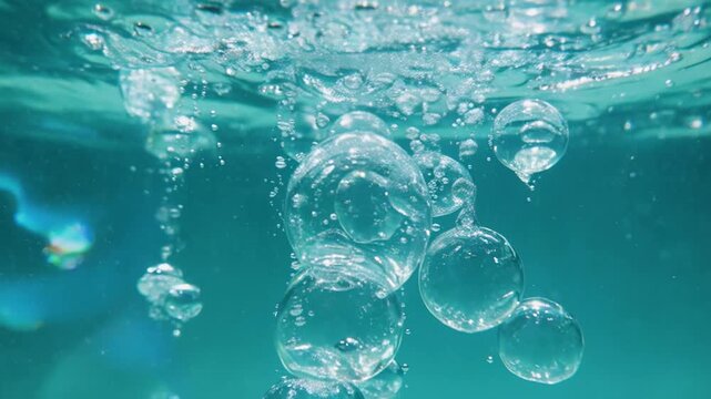Bubbles rising in clear turquoise water with gentle underwater motion and selective focus