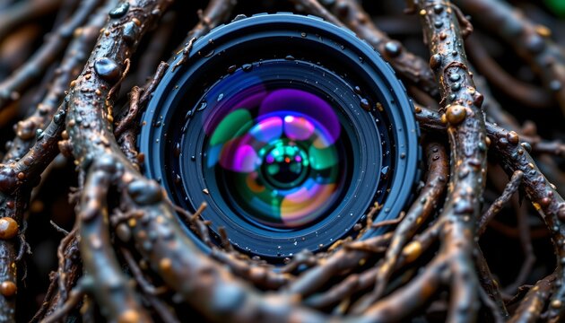The image features a close up view of a camera lens surrounded by a nest of intertwined, droplet covered twigs and branches
