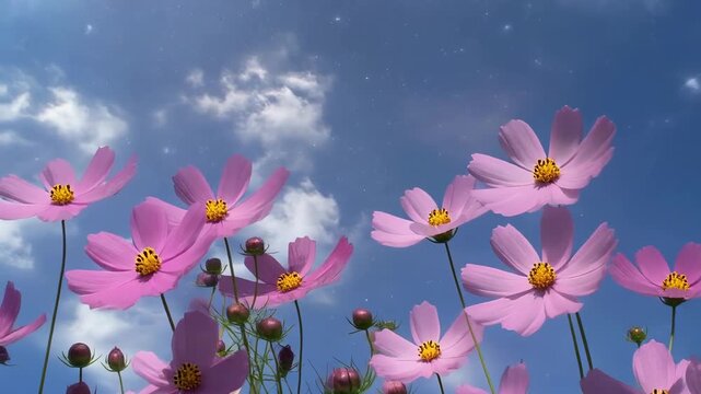 Delicate pink cosmos flowers swaying gently against a vibrant blue sky with soft clouds during a sunny day
