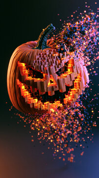 A spooky Halloween pumpkin with a carved, glowing face, breaking apart into digital particles. The pumpkin's fiery glow illuminates the dark background, creating an eerie and dynamic visual