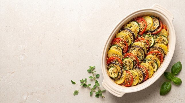 Oven-baked ratatouille in a white ceramic dish with fresh herbs.