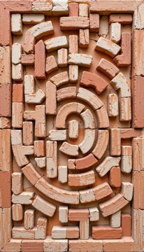 Nordic labyrinth solution models made of interlocking terracotta and cream key patches are taken from a clean minimalist organic art perspective