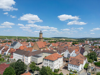 Naklejka premium Aerial View of Volkach Historic Old Town in Franconia, Bavaria, Germany