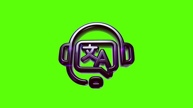 Shiny metallic customer support headset icon with translation symbol for global business communication