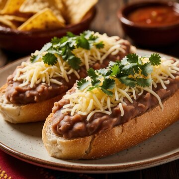 Two open faced sandwiches with refried beans, shredded cheese, and cilantro. Served with tortilla chips and salsa on a rustic wooden table. Simple mexican dish.