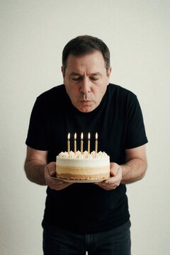 Man blows out candles on birthday cake, celebrating personal milestone. Festive dessert with golden flames, indoors, plain background. Enjoying a sweet moment, making a wish.