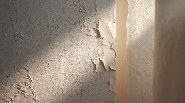 underneath. Wall surface with peeled wallpaper revealing textured plaster underneath, neutral tones. real-estate listings.