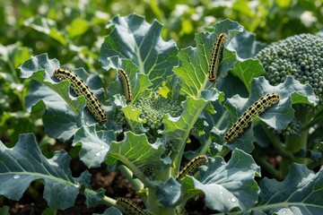 Naklejka premium Multiple caterpillars consume broccoli leaves and florets. Insects crawl on green plants in garden bed. Pest infestation damages vegetable crop. Natural food chain process.