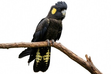 Naklejka premium Black cockatoo with yellow markings sits on a dead tree branch against a white background. This Australian bird shows its striking plumage in a close-up side view. Its distinctive crest is visible.