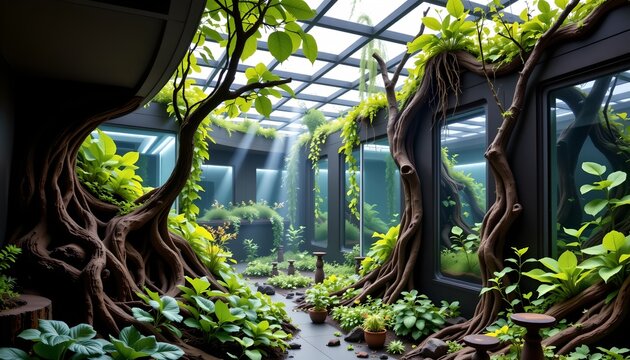 The image depicts an indoor botanical space with a lush, vibrant collection of plants and trees