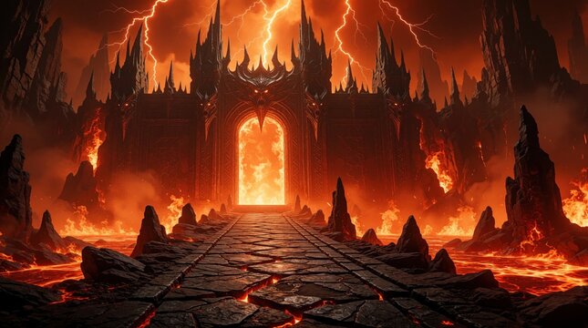 Fiery hellscape with infernal castle gates and lava rivers. Lightning strikes illuminate rocky spires under orange sky. Path leads toward ominous glowing portal into darkness. Dark fantasy scene.