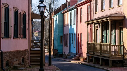 Fototapeta premium colonial. Historic street lined with colorful buildings under soft afternoon light, evoking nostalgic charm. real-estate listings.