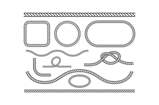 Collection of black and white rope including straight lines, circles, ovals, squares, and knots on a plain white background